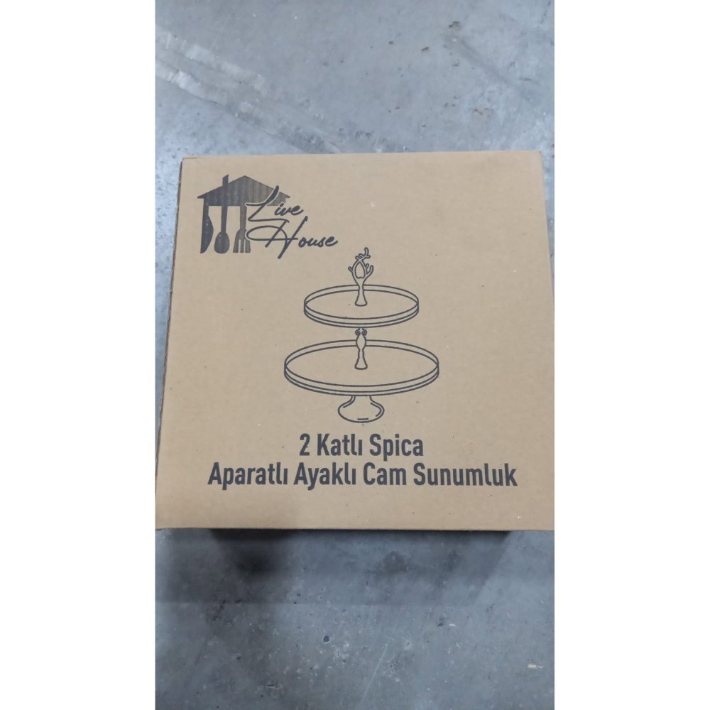 Ayaklı Cam Sunumluk İki Katlı Spica Şeffaf - Altın Rim 21x16cm