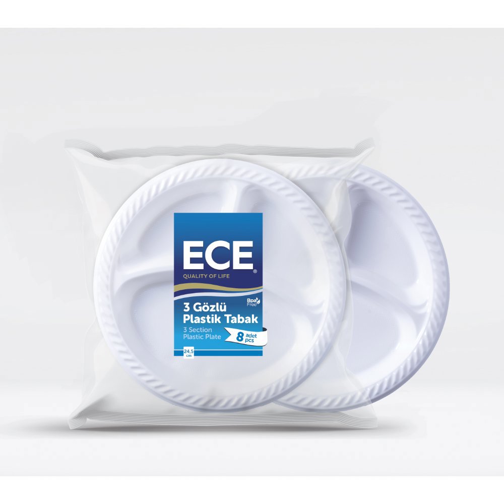 ECE PLASTİK TABAK 3 BÖLMELİ 24cm 8'li (x25) PL:56